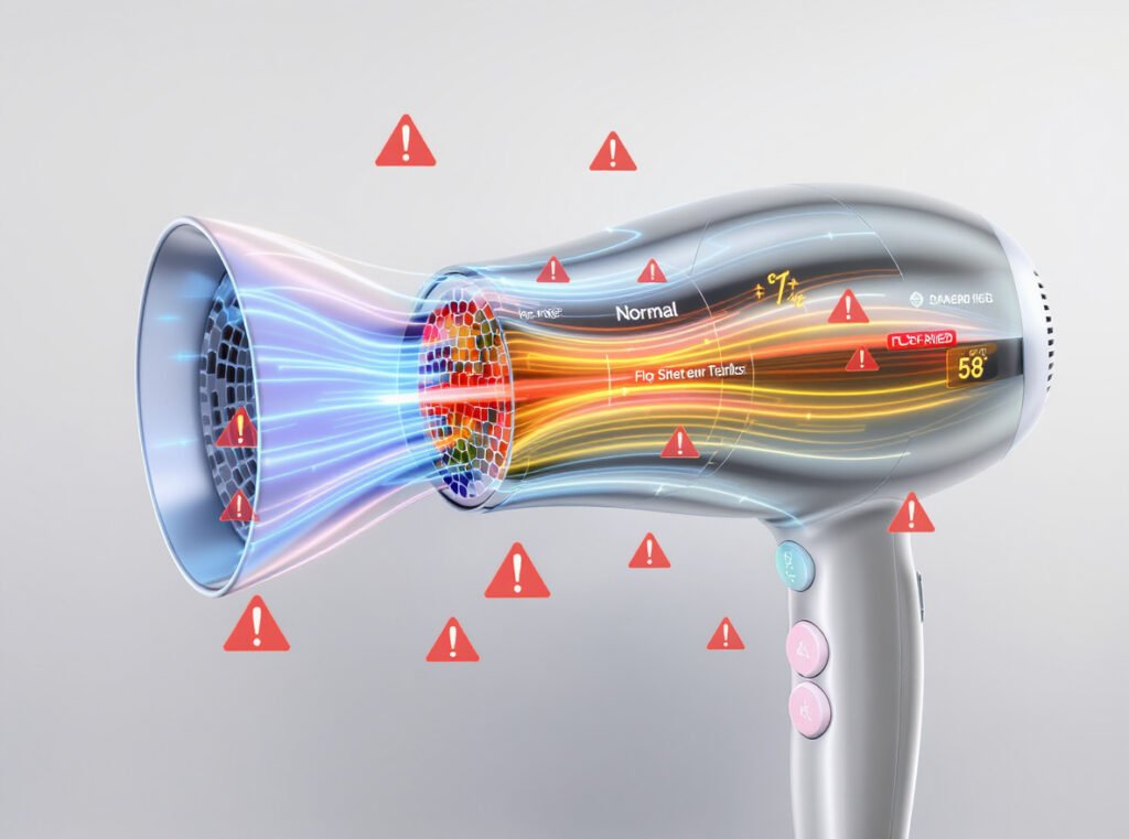 Hair dryer warning signs showing reduced airflow, temperature indicators, and early overheating symptoms