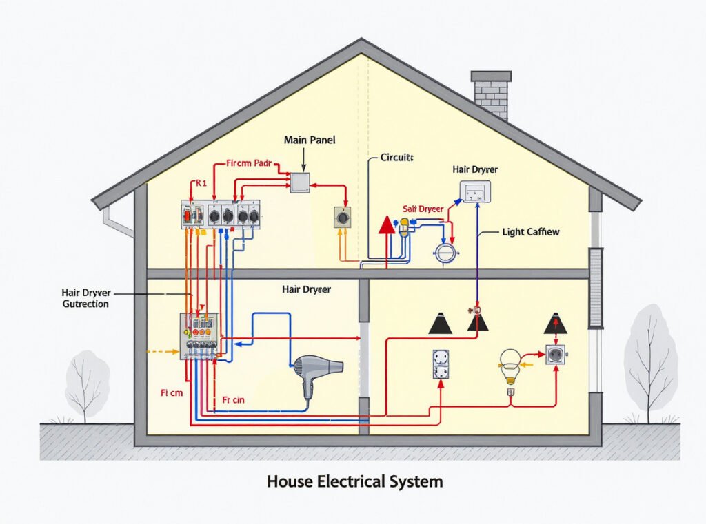 House electrical circuit diagram showing voltage drop from hair dryer