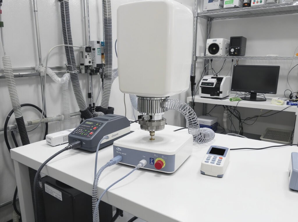 Professional hair dryer pressure testing setup with precision manometers following IEC 61855 standards