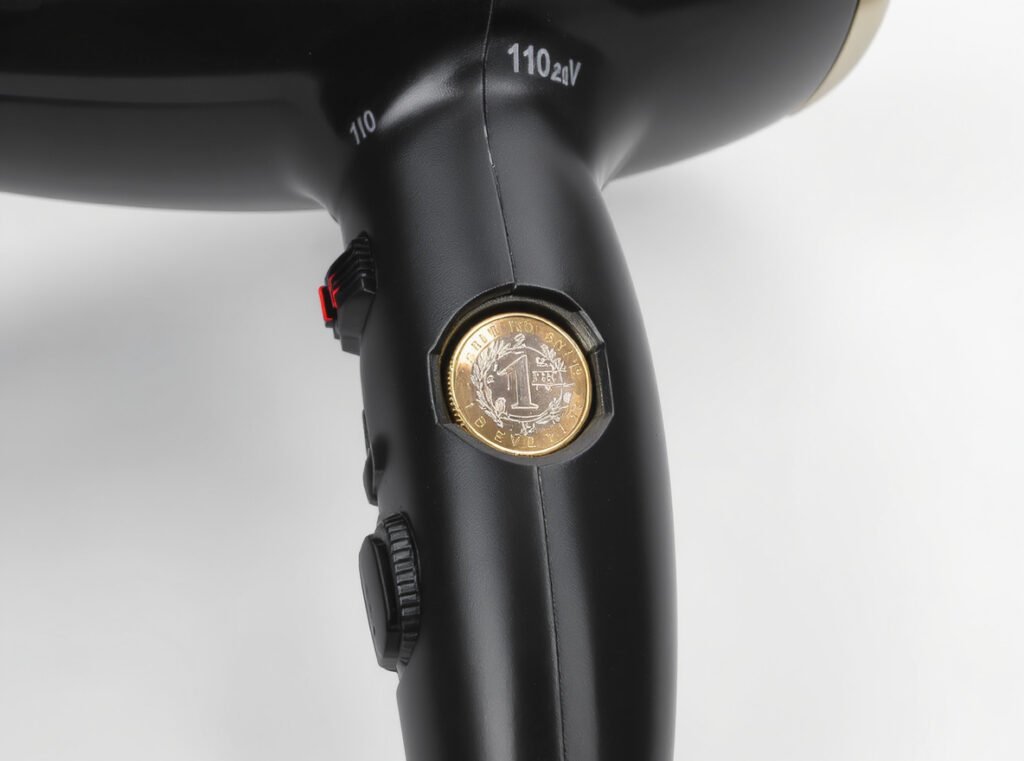 Manual dual voltage switch hair dryer coin mechanism 110V 220V settings