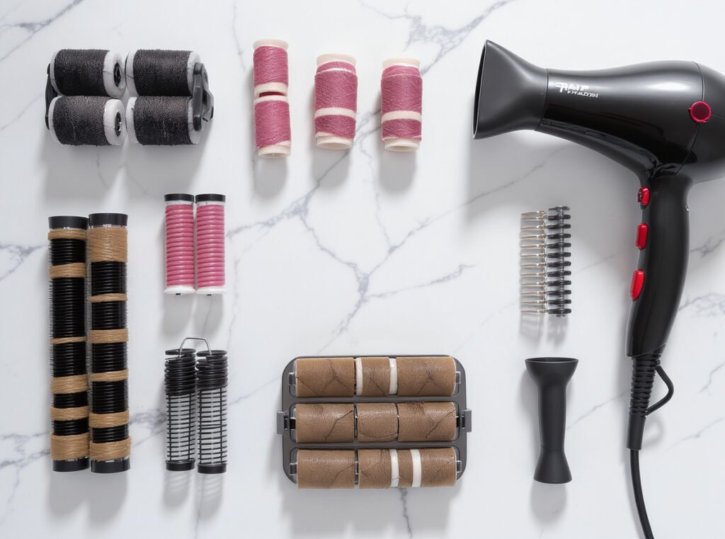Various types of hair rollers arranged with professional hair dryer for comparison