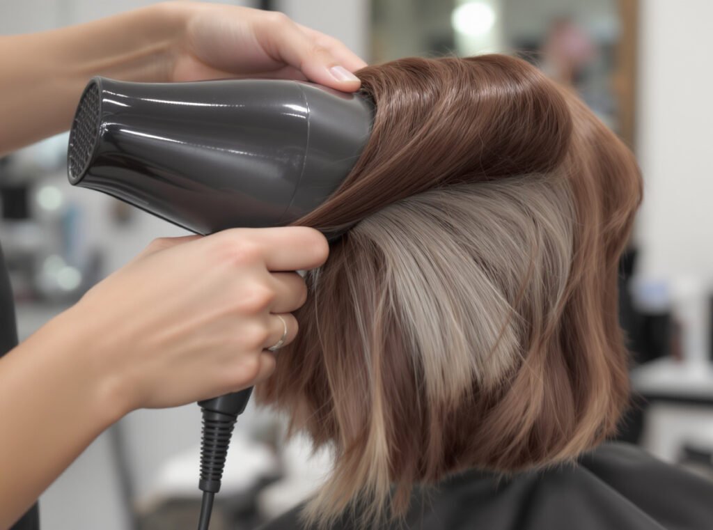 Professional rough-dry method demonstration with fingers lifting hair sections
