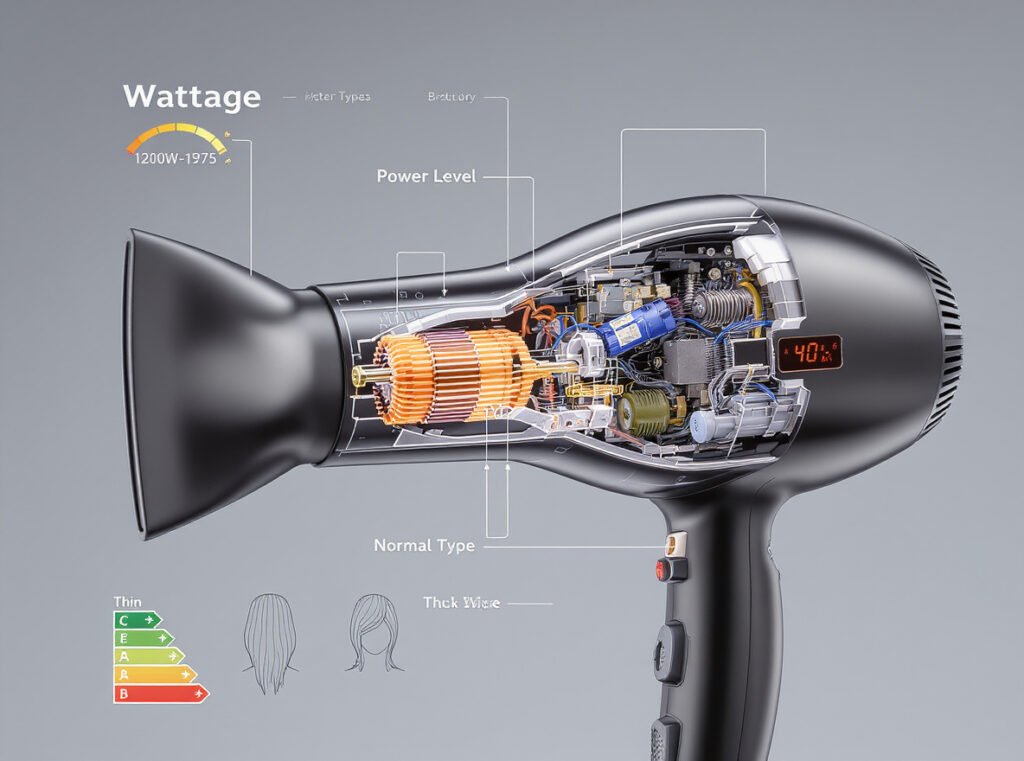 Travel hair dryer wattage range 1200W-1875W for different hair types