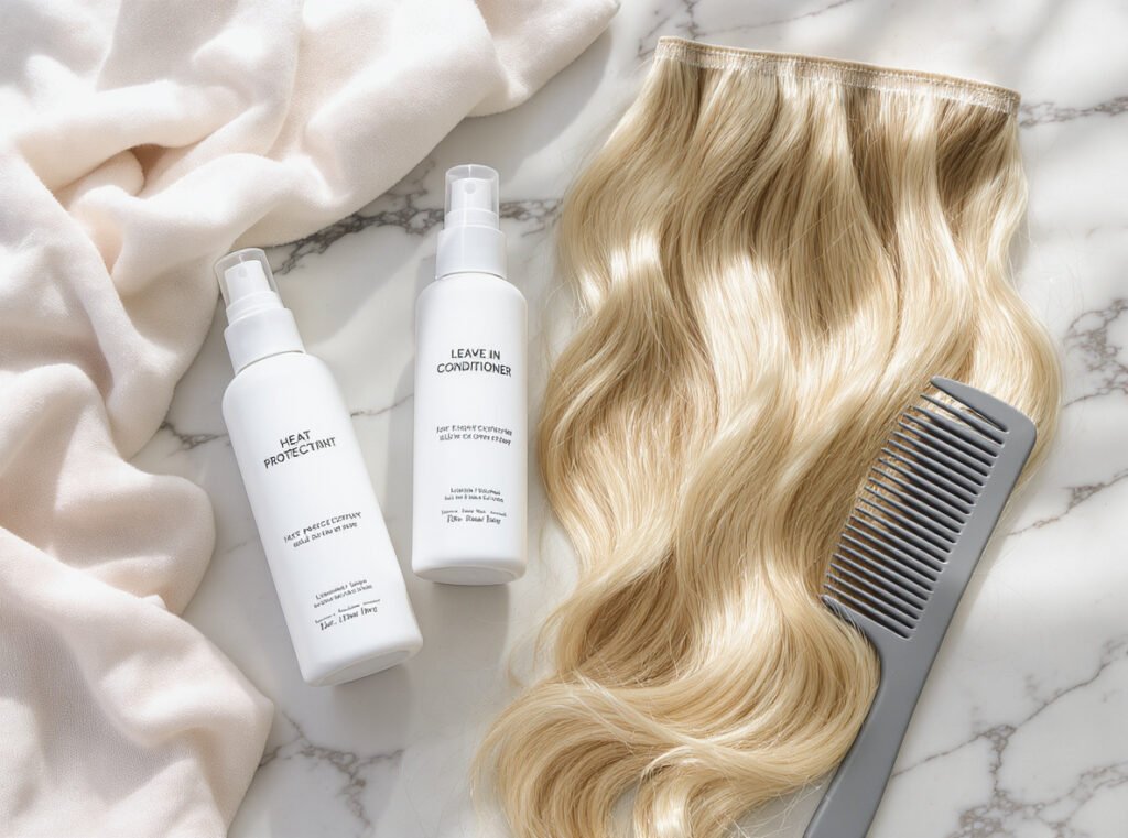Essential products for blow drying hair extensions safely including heat protectant