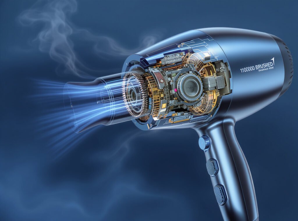 High-speed brushless motor hair dryer showing noise reduction technology and RPM performance