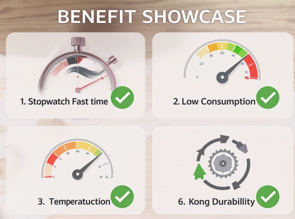 High RPM hair dryer benefits infographic showing speed efficiency heat protection durability