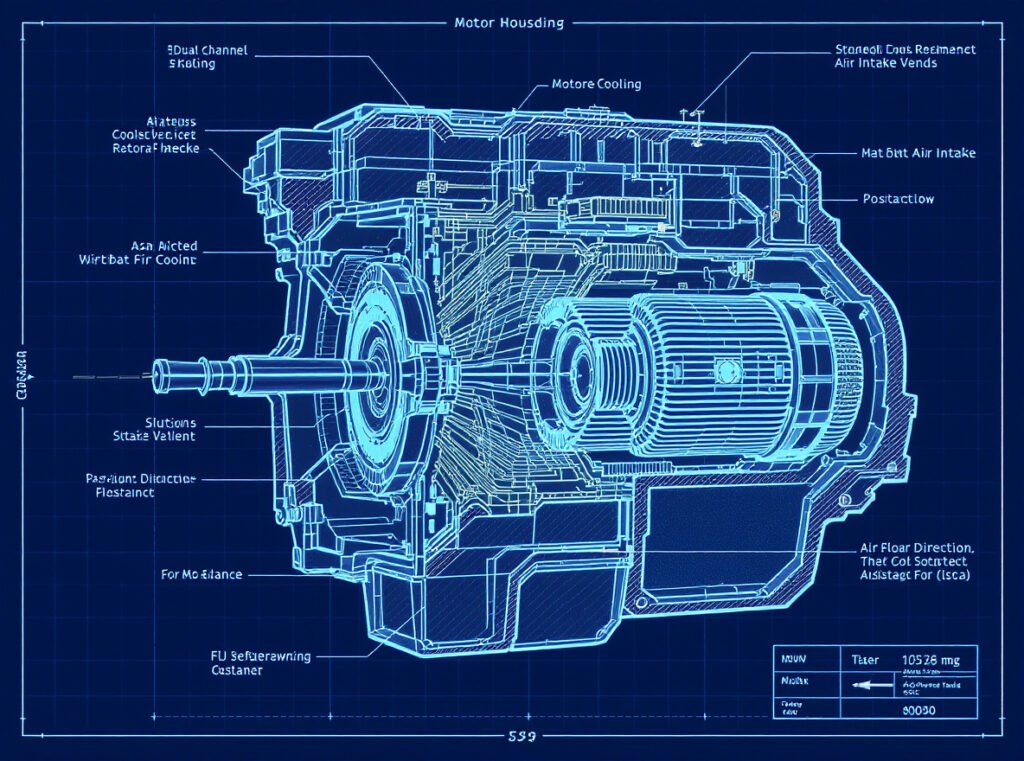 Hair dryer motor housing design showing airflow optimization features and dual-channel cooling