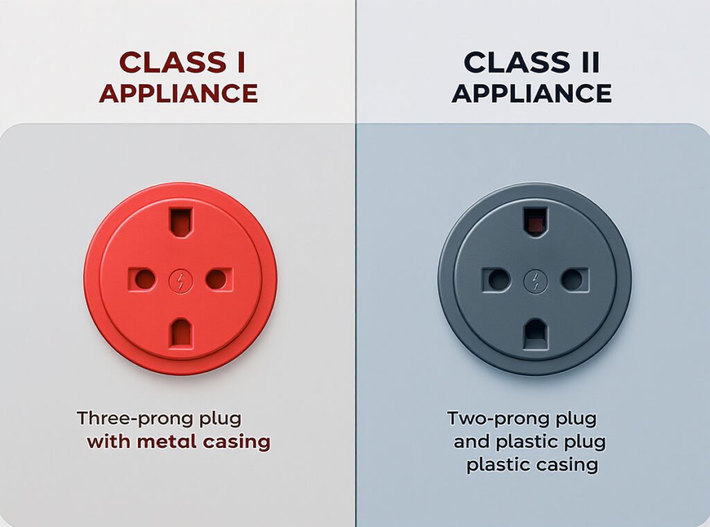 Class I vs Class II electrical appliances comparison chart showing plug types and safety features