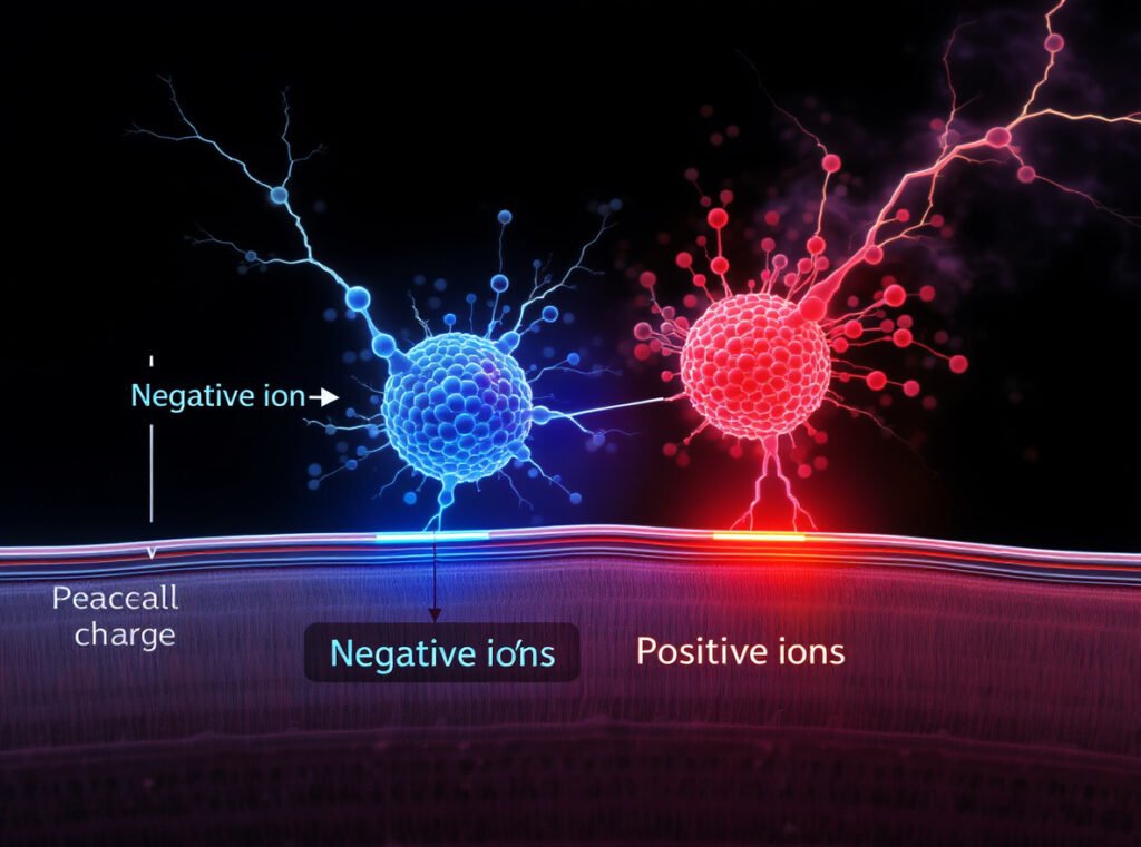 Negative ions neutralizing positive charges to eliminate static electricity in hair