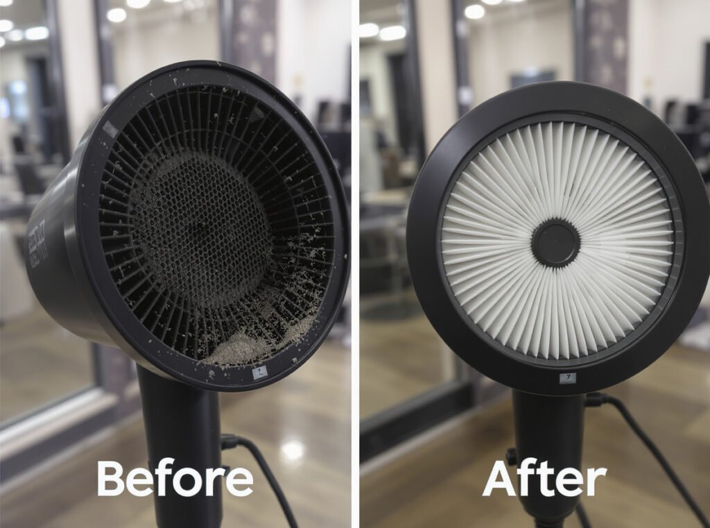 Comparison showing dirty vs clean hair dryer filters demonstrating need for self-cleaning