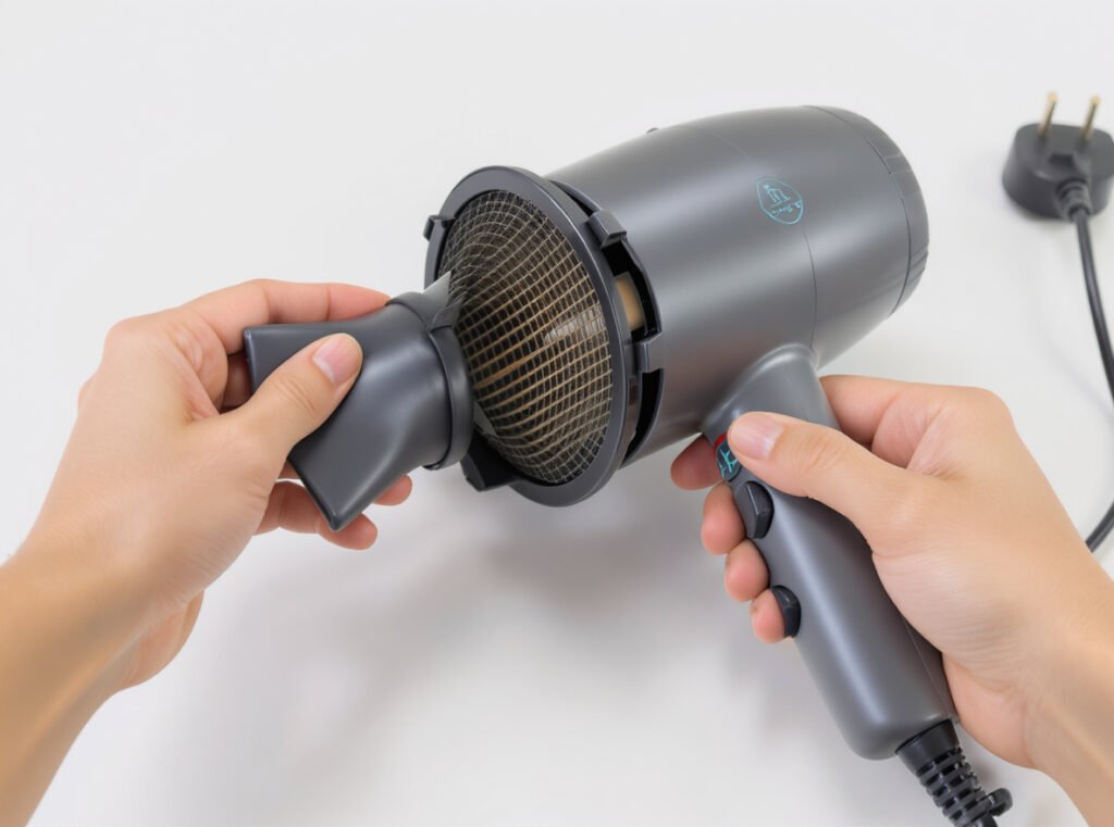 Safe hair dryer filter removal technique with unplugged device