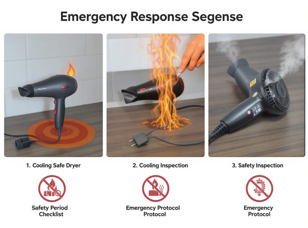 Emergency response steps for overheating hair dryer showing unplugging, cooling, and safety inspection procedures