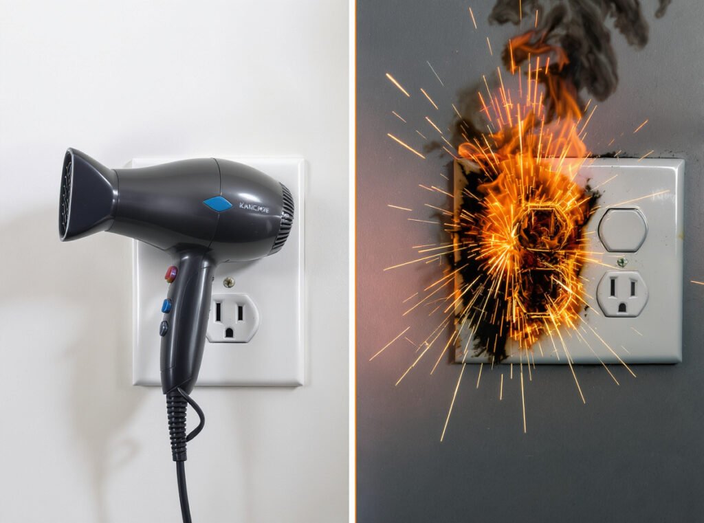 Safe vs dangerous electrical conditions hair dryer outlet comparison