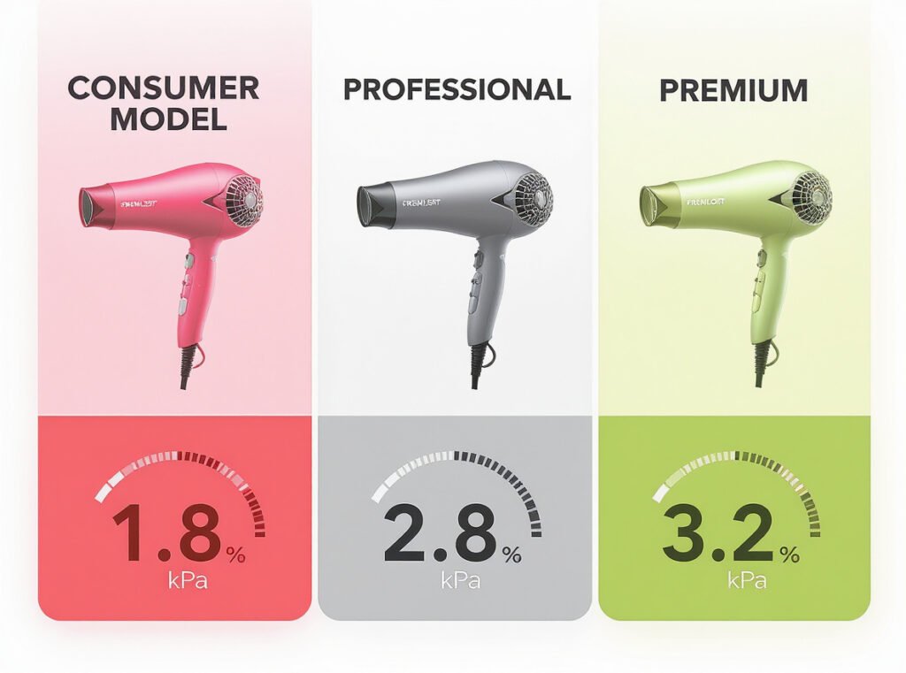 Hair dryer pressure range comparison chart showing consumer vs professional kPa ratings