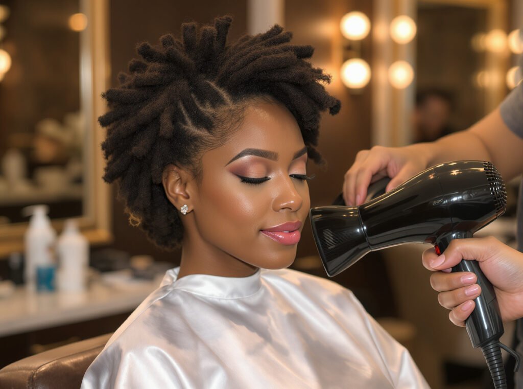 Professional demonstration of using hair dryer with diffuser on flexi-rods for natural hair