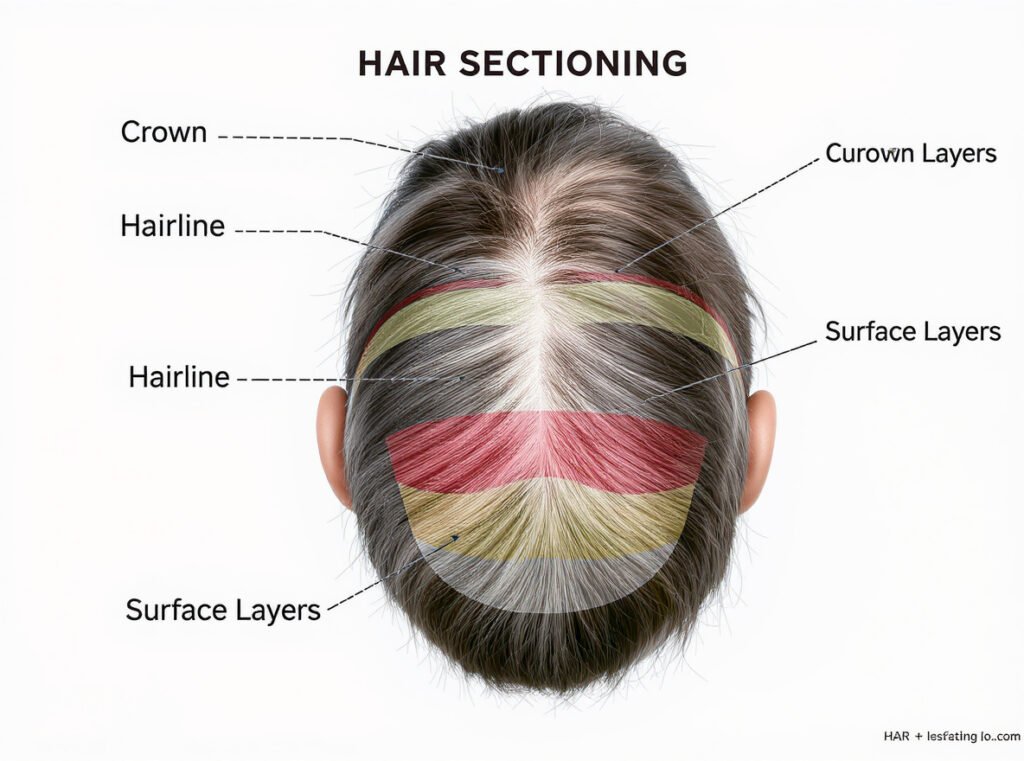 Hair sectioning zones for maximum styling impact - crown, hairline, and surface layers