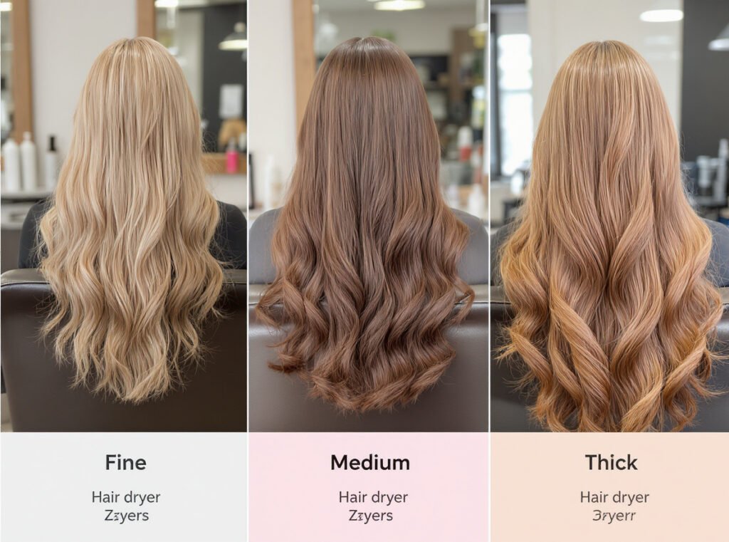 Hair type guide showing optimal wattage ranges for fine, medium, and thick hair