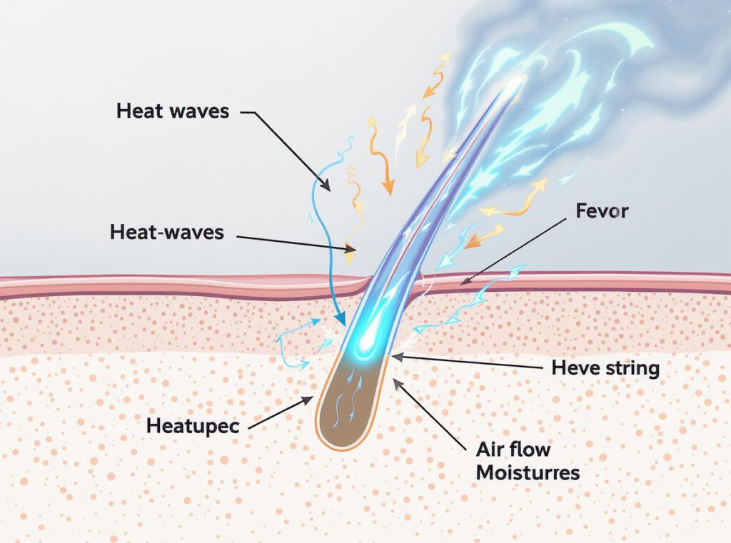 Scientific diagram showing hair drying process with heat evaporation and airflow moisture removal