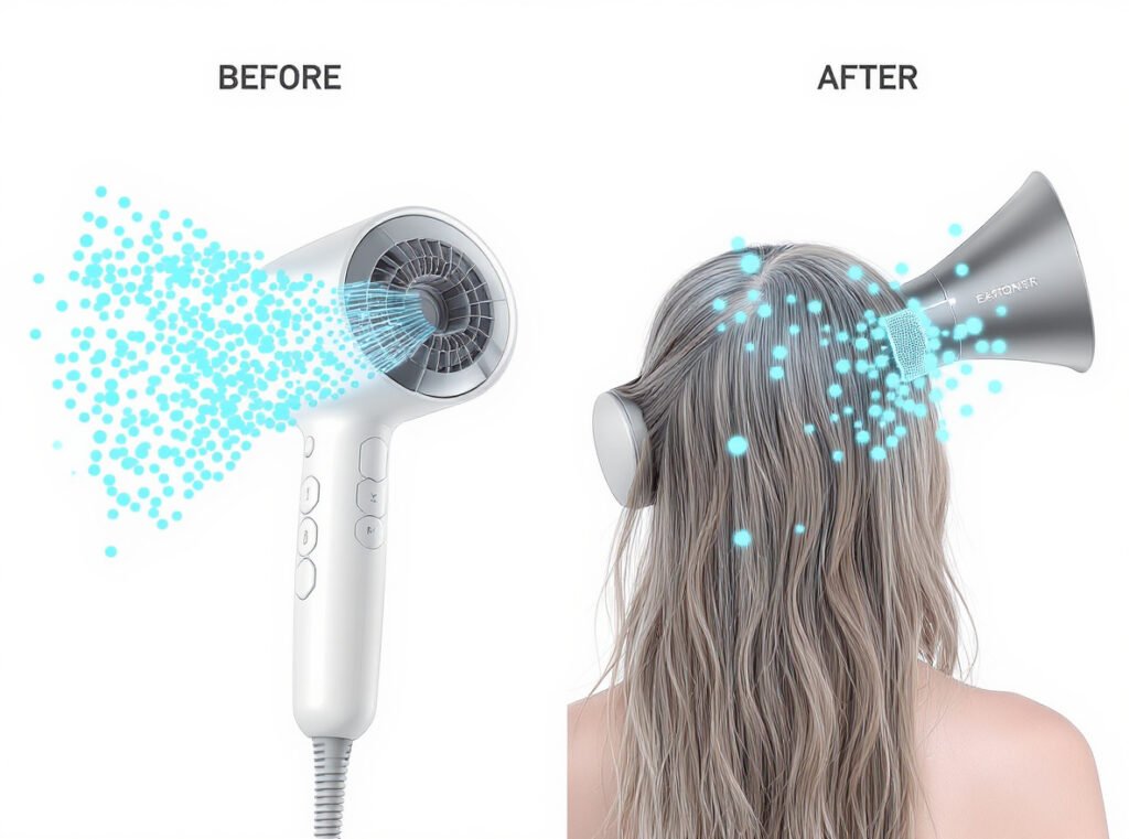 Ionic technology in travel hair dryers showing negative ions reducing frizz and drying time