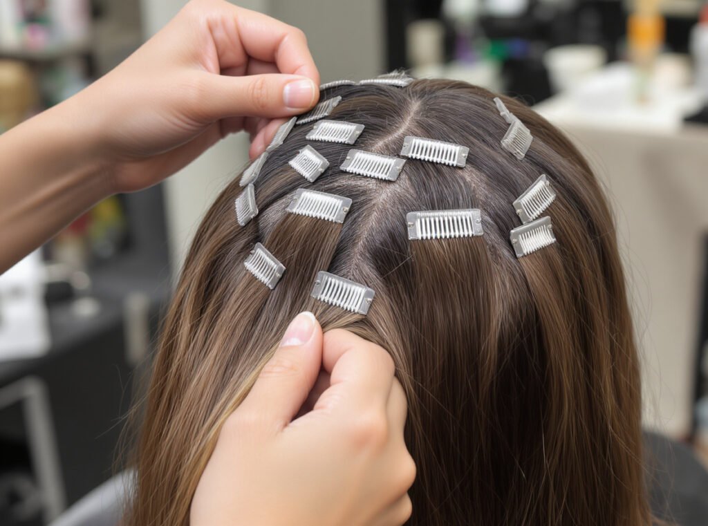 Professional sectioning technique for hair extensions using metal clips