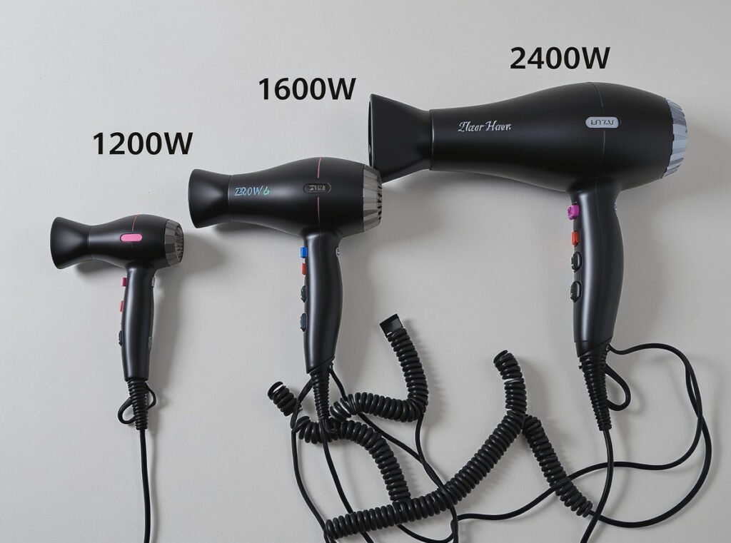 High wattage professional hair dryers weight progression from 1200W to 2400W