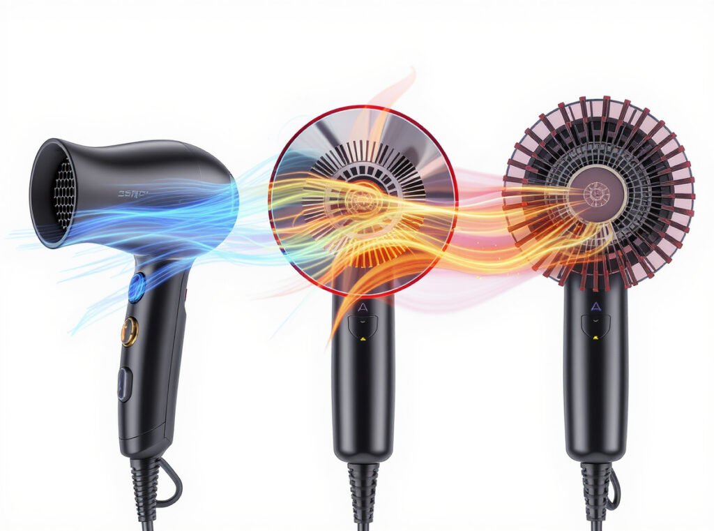 Hair dryer nozzle attachments showing different airflow transformation patterns