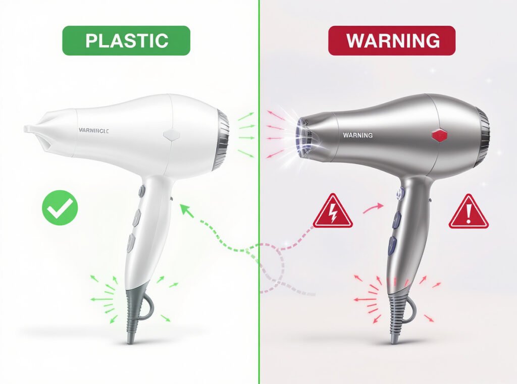 Safety comparison plastic vs metal hair dryers showing protection features and hazard levels