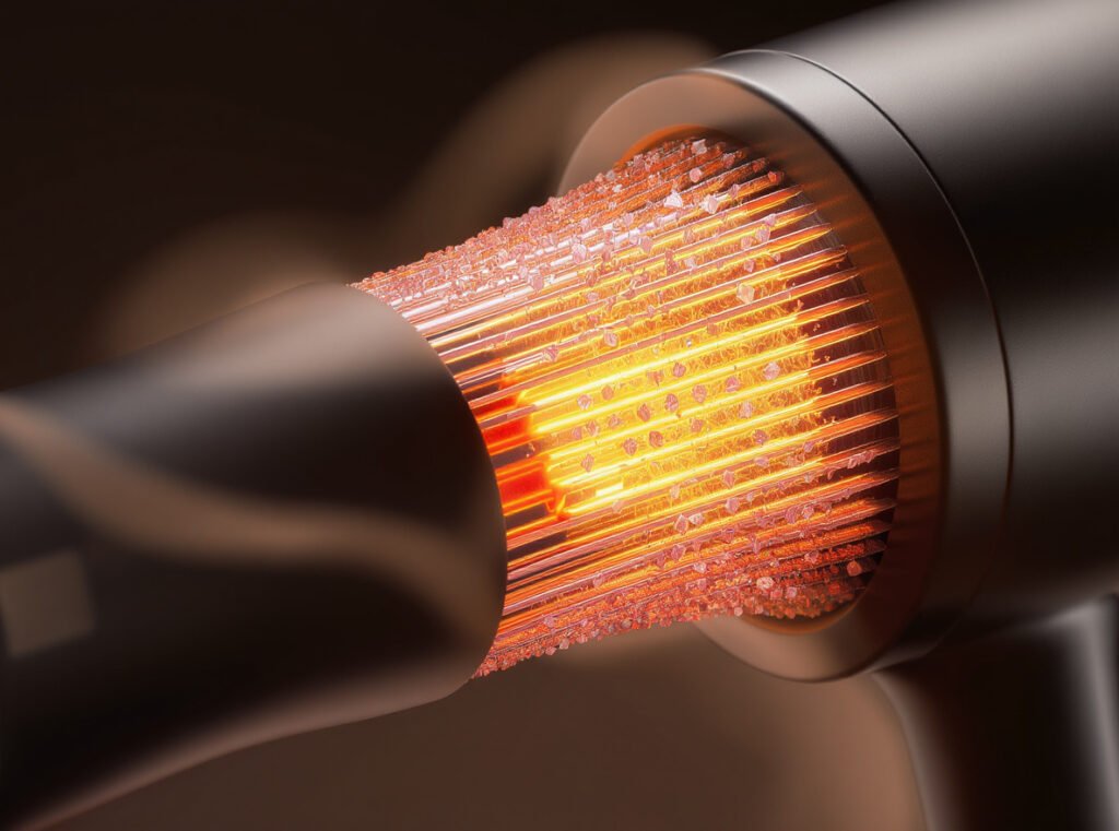 Ceramic heating elements and tourmaline crystals in professional hair dryer components