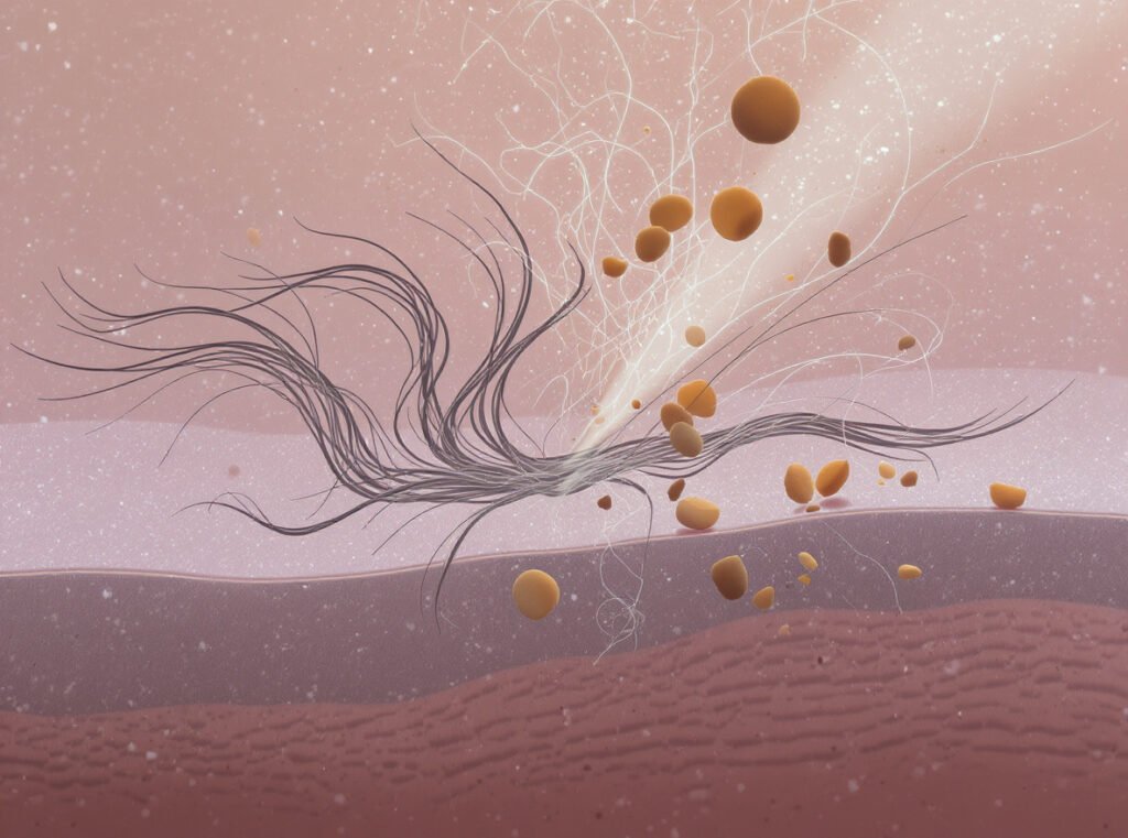 Types of debris removed by self-cleaning hair dryer technology including hair and dust