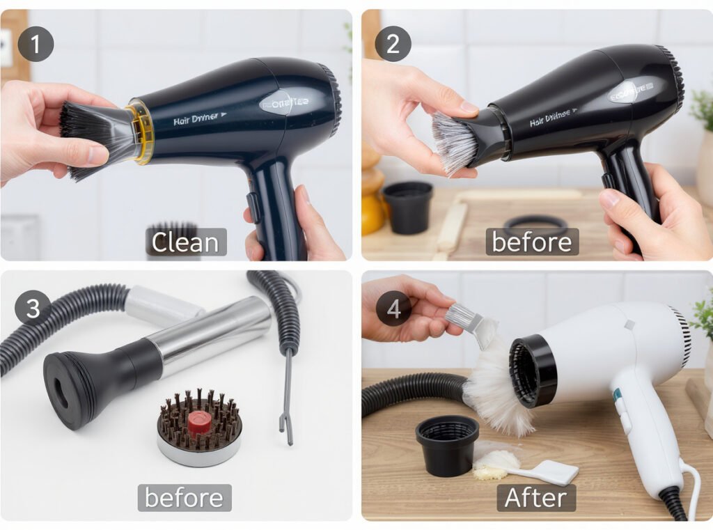Proper hair dryer maintenance and cleaning procedures to prevent overheating with tools and step-by-step process