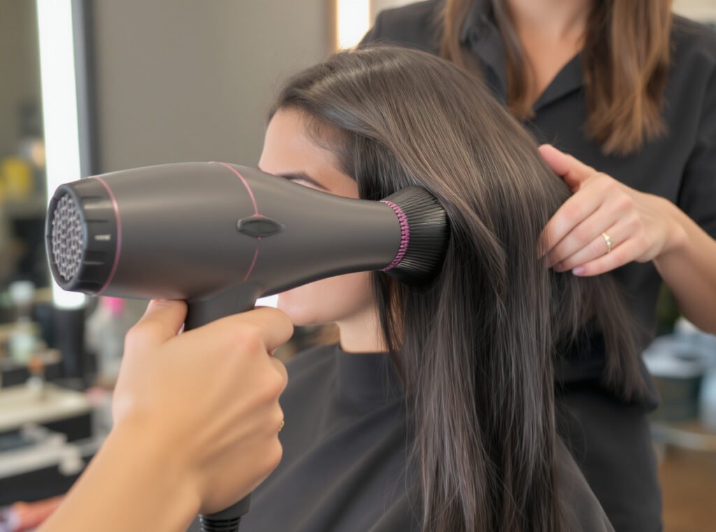 Professional blow-drying technique demonstration for oily scalp