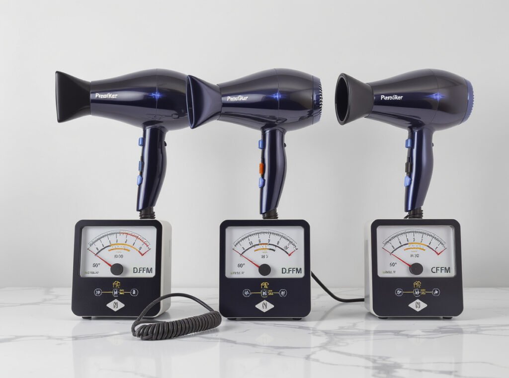Hair dryer CFM vs wattage performance comparison evaluation setup