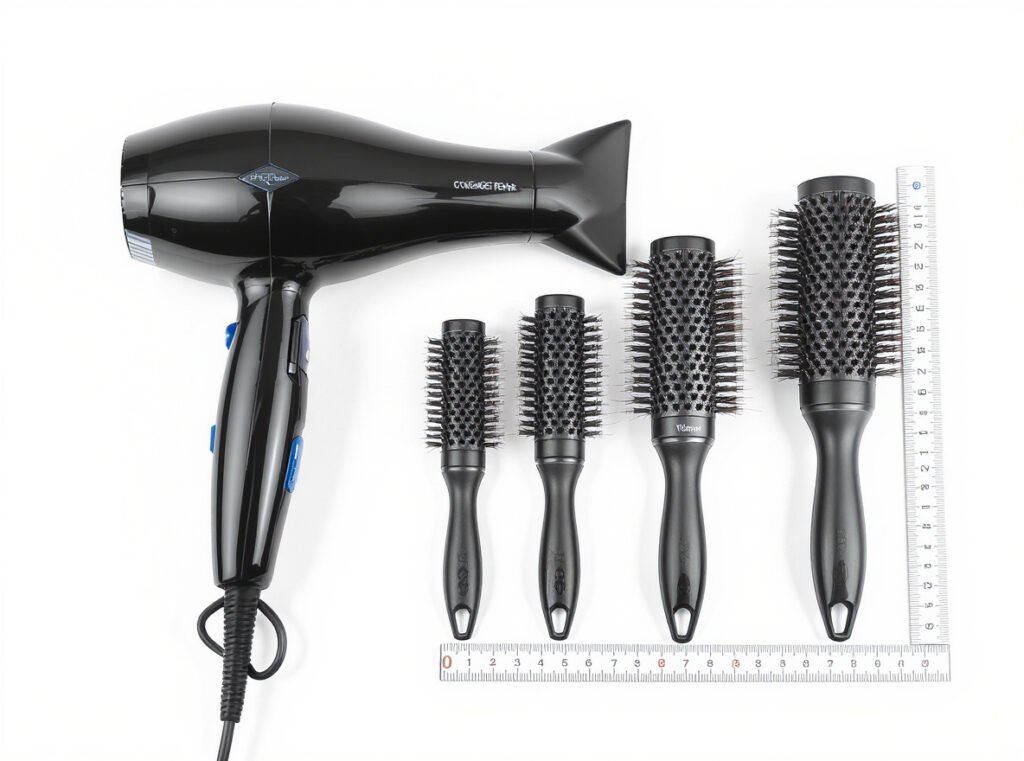 Hair dryer concentrator nozzle and round brush collection for extensions