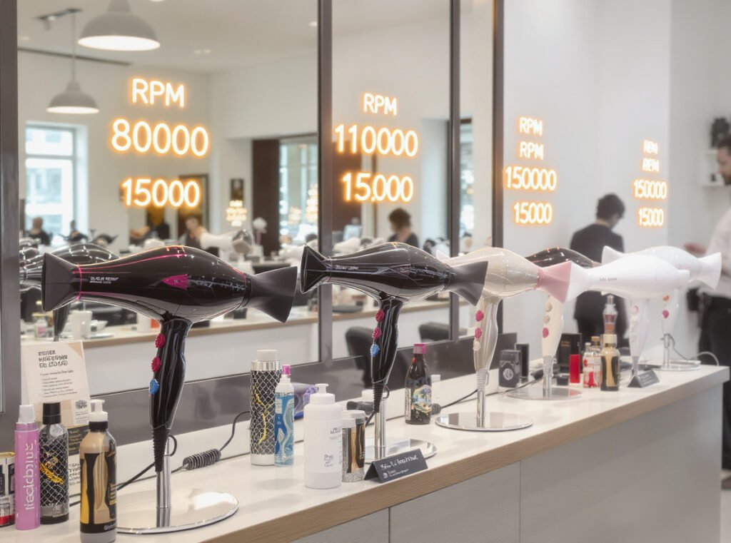 Professional salon hair dryers showing different RPM ranges for salon use