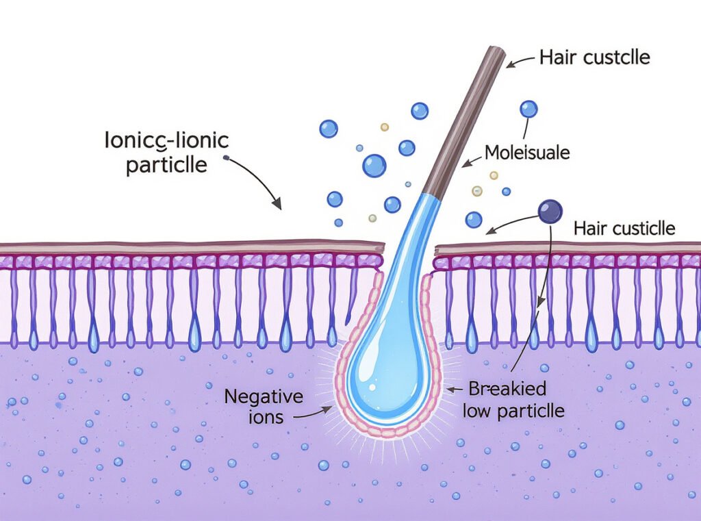 Negative ions interacting with water molecules to enhance infrared hair drying process
