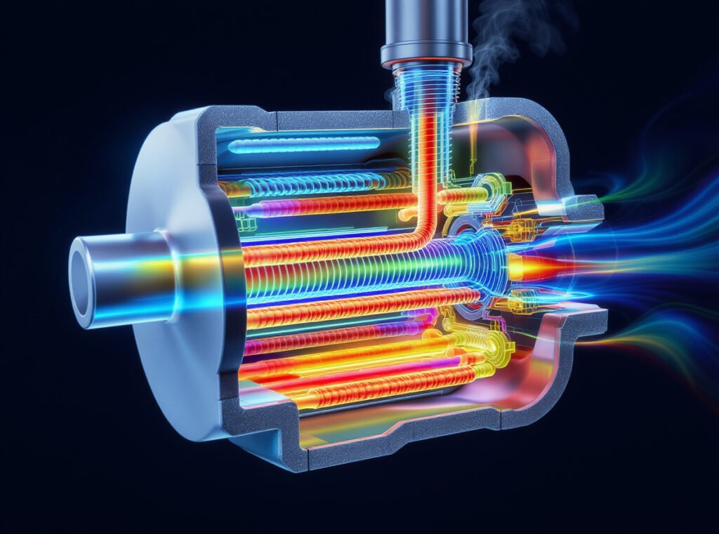 Hair dryer internal chamber architecture showing heating elements and air mixing zones