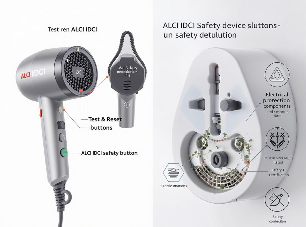 Modern hair dryer safety features ALCI IDCI protection devices test reset buttons