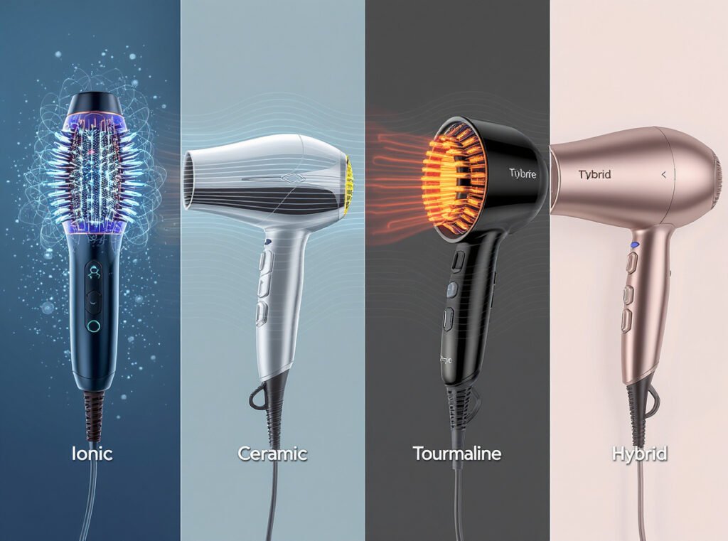 Comparison of different static-free technologies in hair dryers including ionic, ceramic, and tourmaline