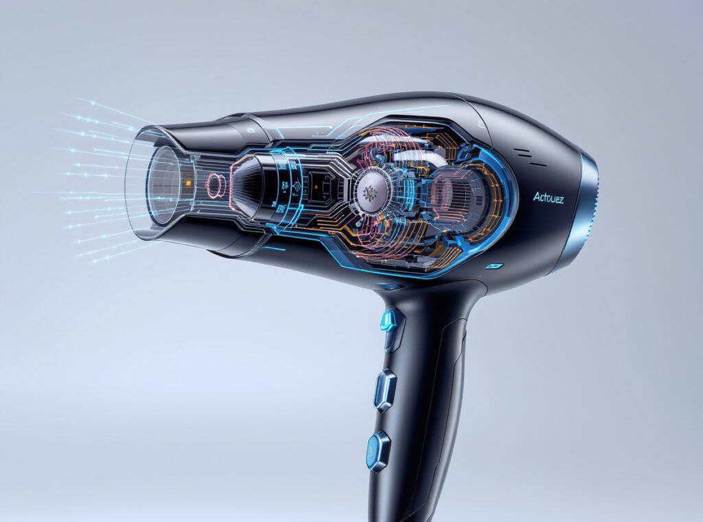 Modern hair dryer advanced technology components cutaway view