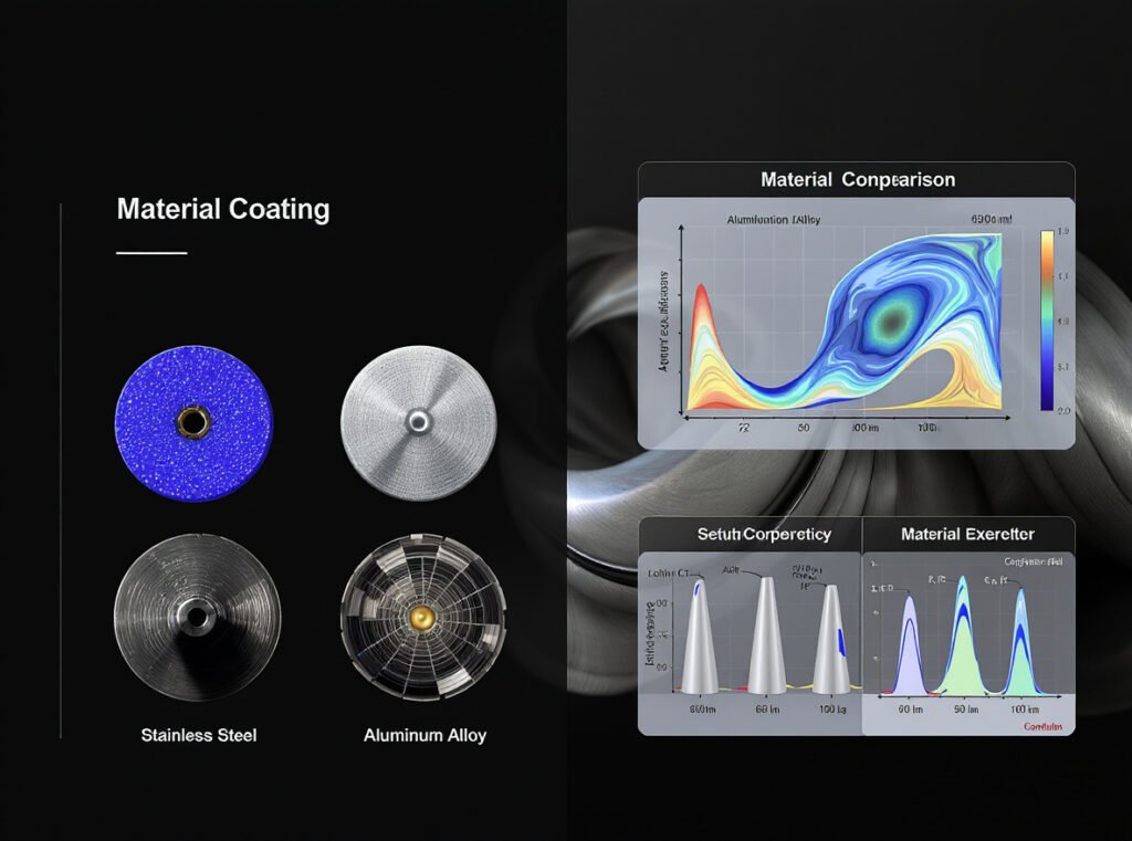 Nozzle material comparison showing ceramic, steel, and aluminum thermal properties
