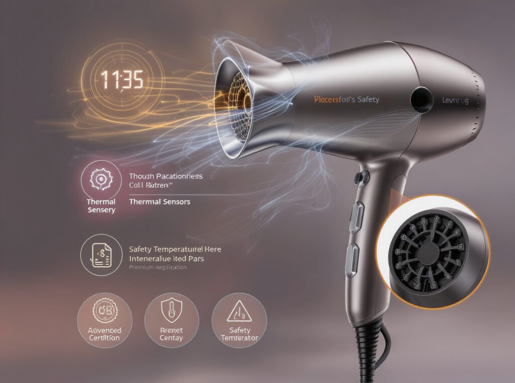 Professional hair dryer with advanced safety features including thermal sensors, digital controls, and overheating protection
