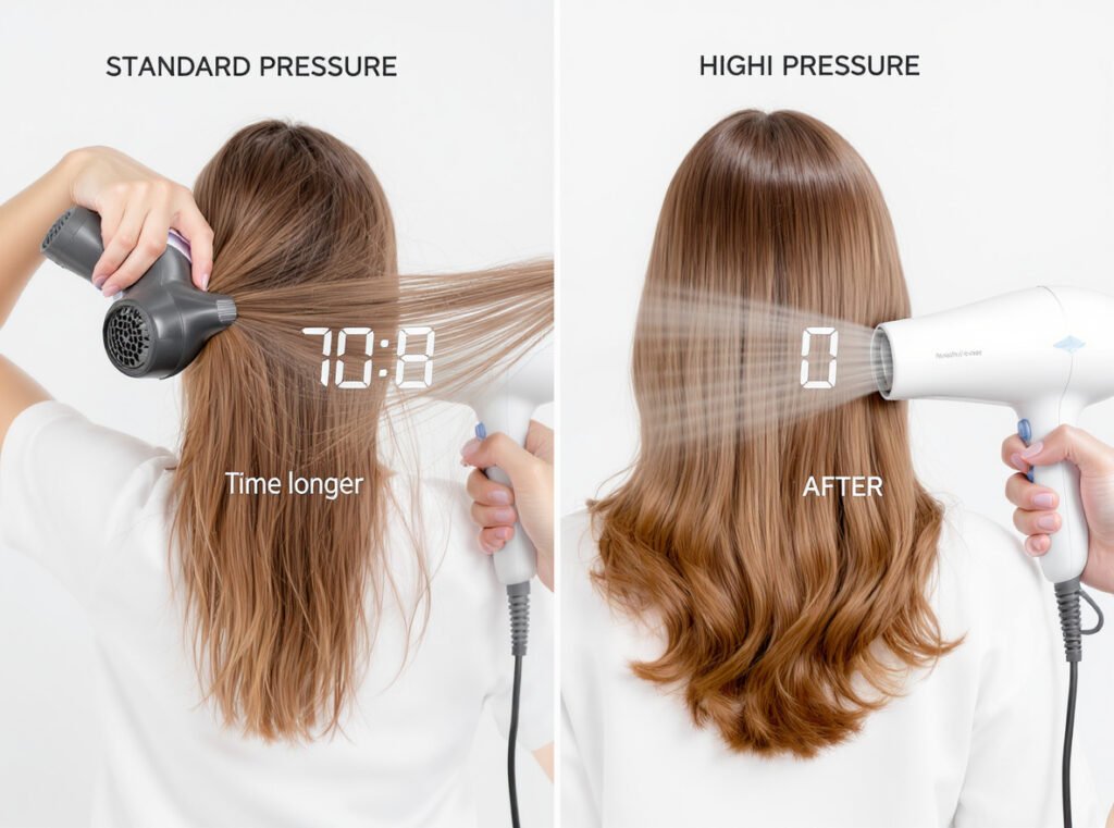 Hair dryer drying time comparison showing high pressure vs standard pressure performance