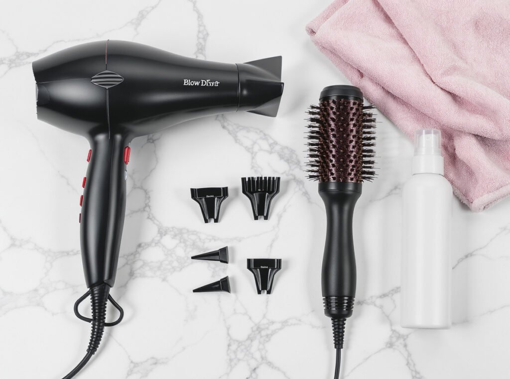 Professional hair styling tools for fast blow-drying - ionic dryer, brushes, and accessories