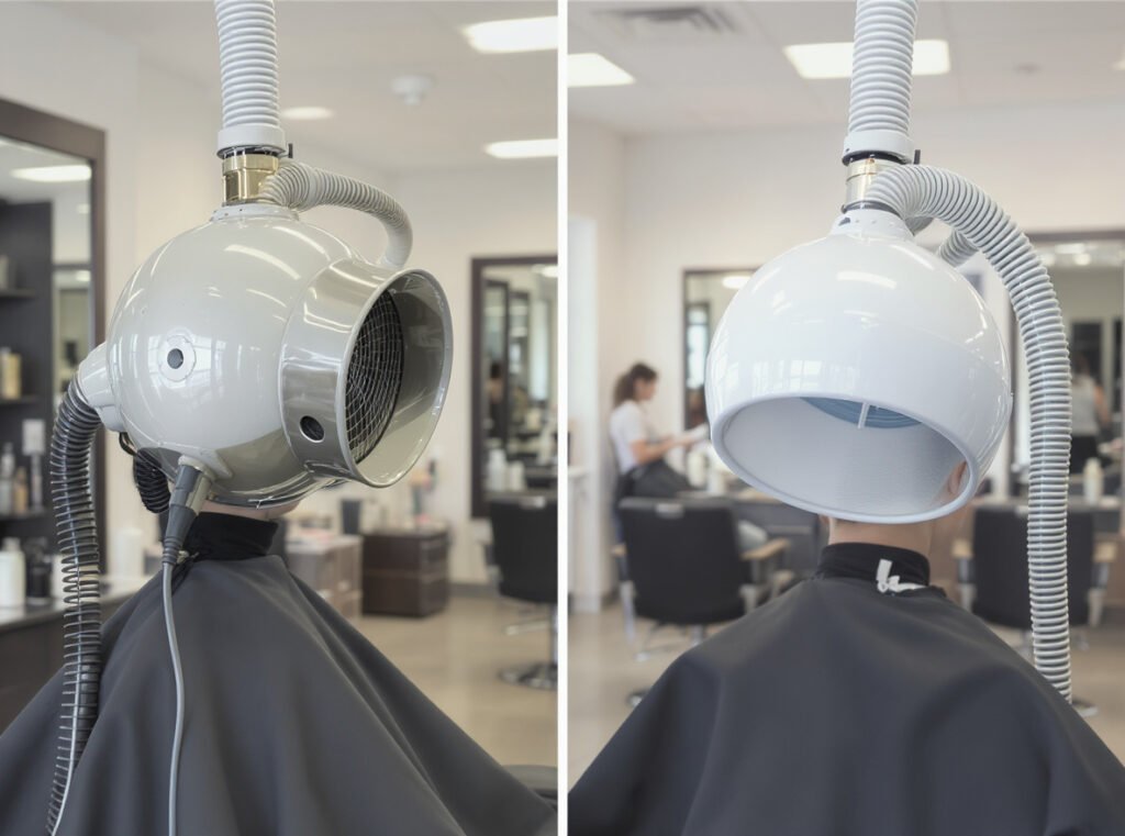 Professional salon comparing traditional hood dryer with portable hood attachment system