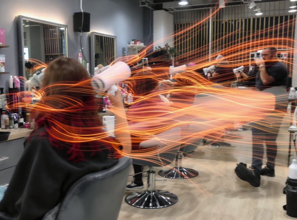 Professional salon stylists using high CFM hair dryers for efficient client service