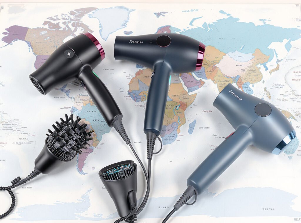 Five essential travel hair dryer features comparison showcasing dual voltage, compact size, optimal wattage, ionic technology, and versatile settings
