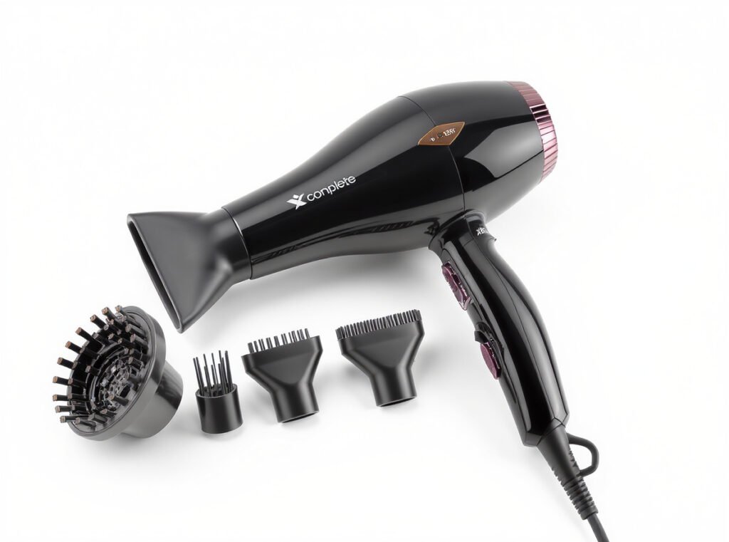 Multiple nozzle system showing professional hair dryer versatility with various attachments