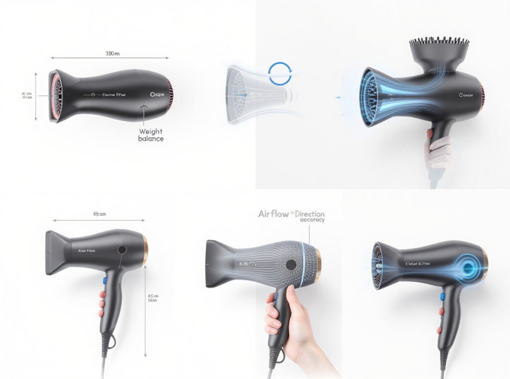 Ergonomic hair dryer design showing weight balance and optimal positioning for airflow effectiveness