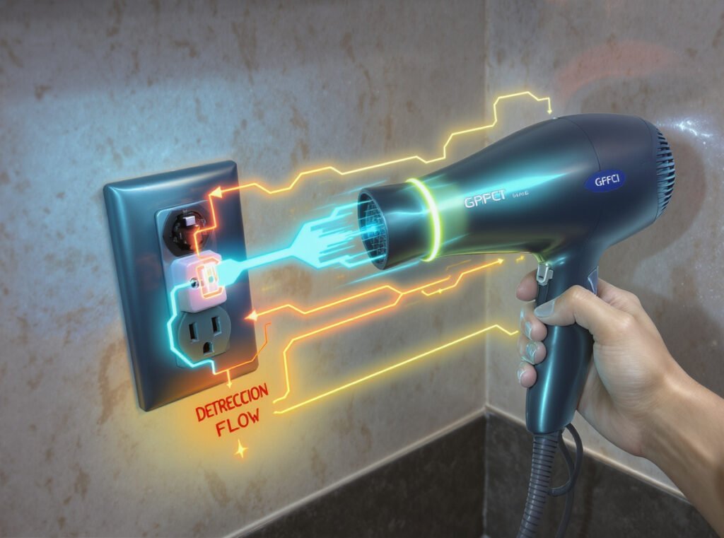 GFCI outlet with hair dryer showing electrical current monitoring and protection mechanism