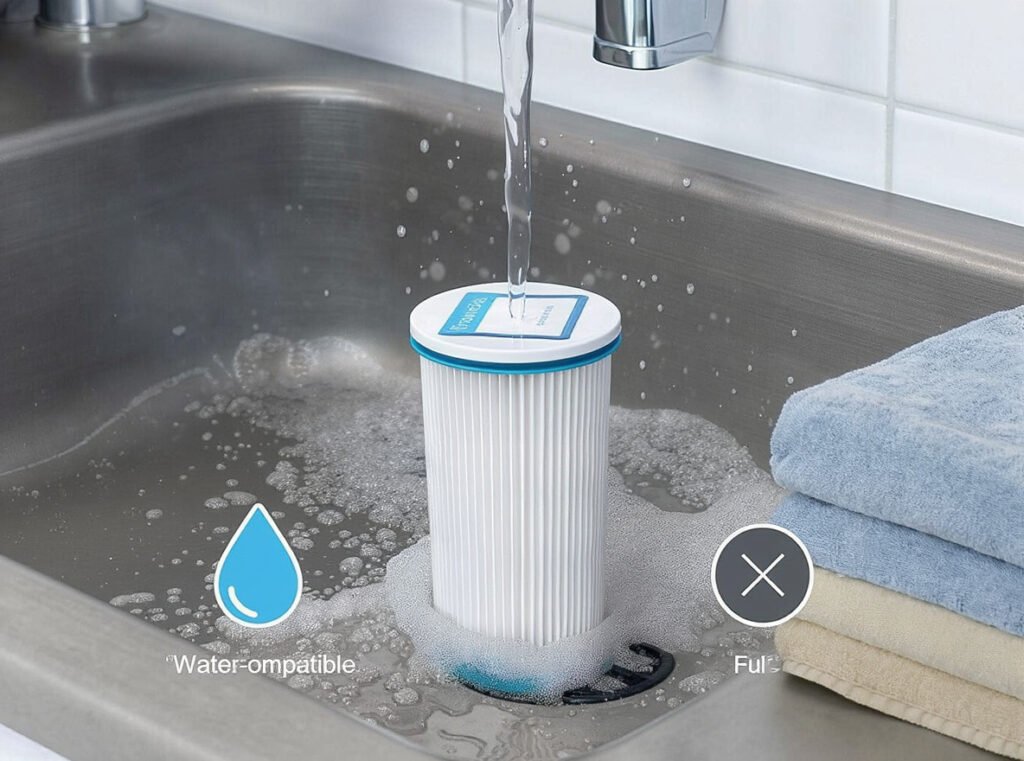 Water-safe hair dryer filter being properly cleaned and dried